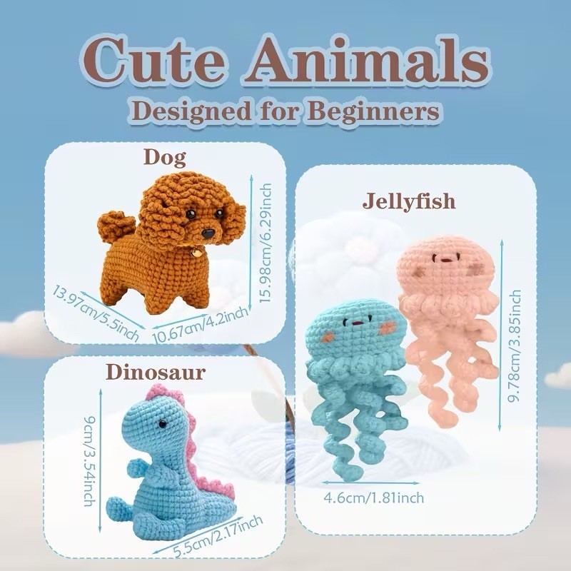 Beginner Crochet Starter Kit 8PCS w/ Animal Patterns, Yarn, Hooks & Video Guide