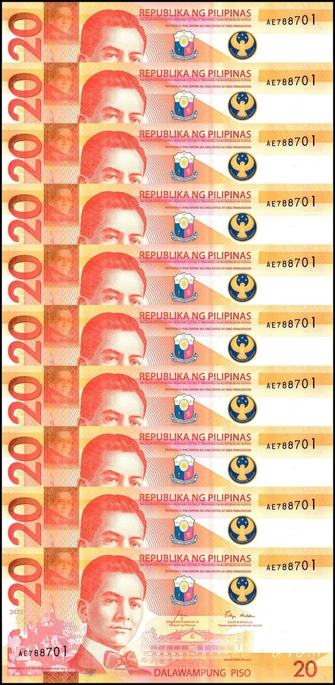 Philippines 20 Piso, 2023, P-230b, UNC X 10 PCS