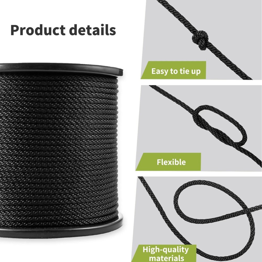 1/4 500ft Black Polyester Solid Braid Rope Outdoors