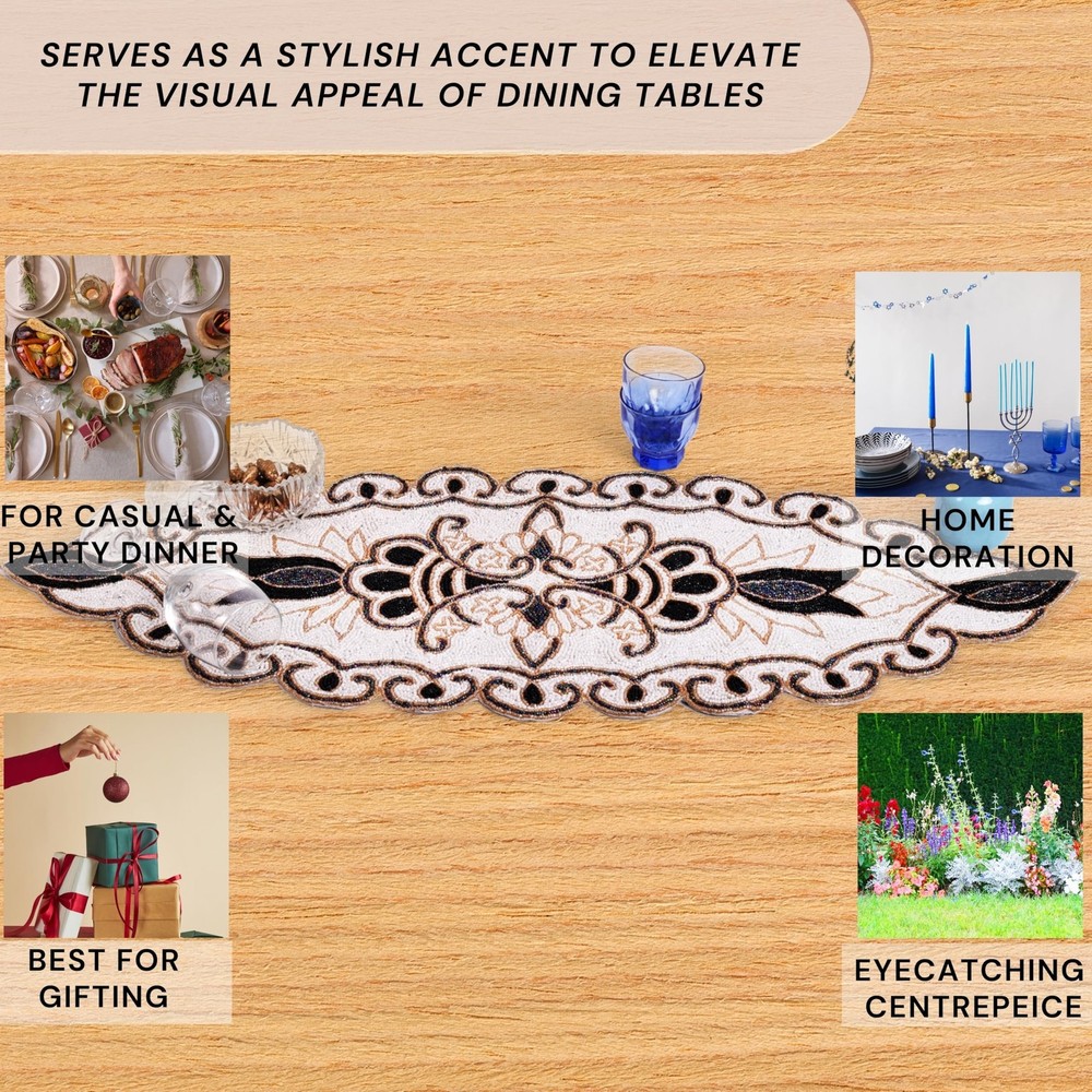 CLEENTABLE 36" Decorative Beaded Table Runner - Handcrafted Floral Design wit...