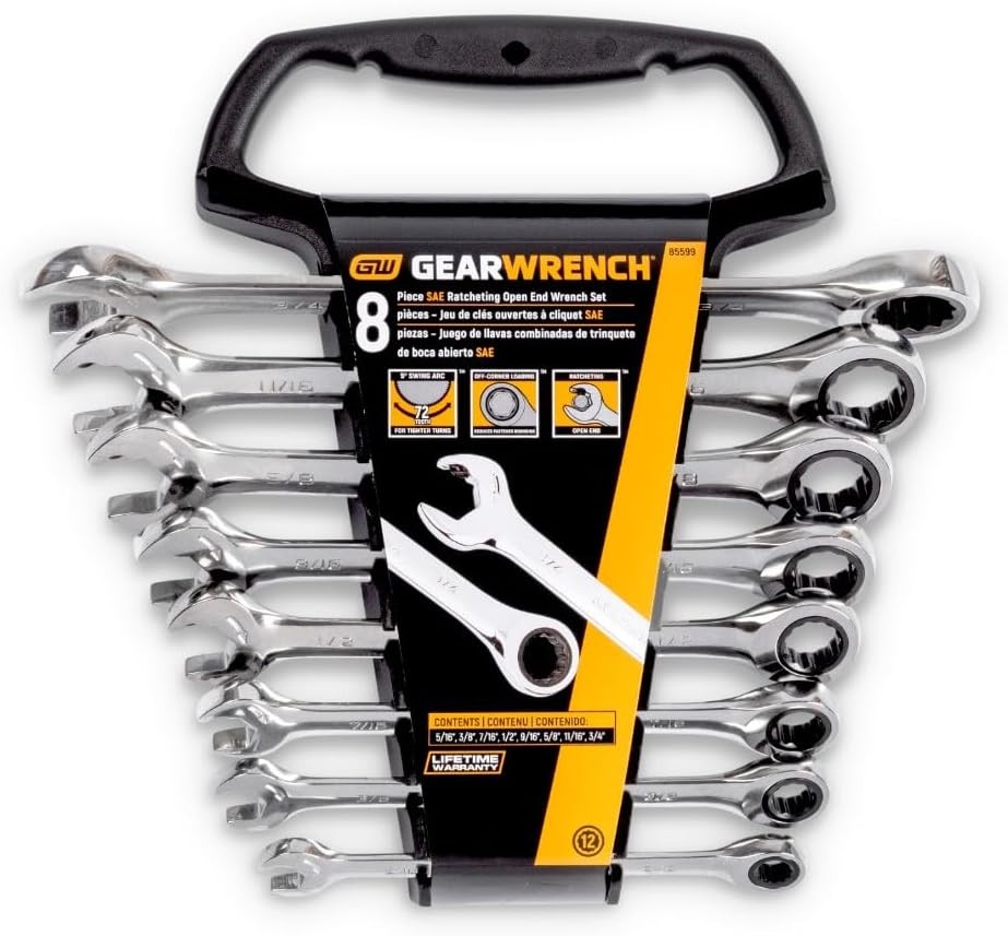 8 Pc. 12 Point Open End Ratcheting Combination SAE Wrench Silver
