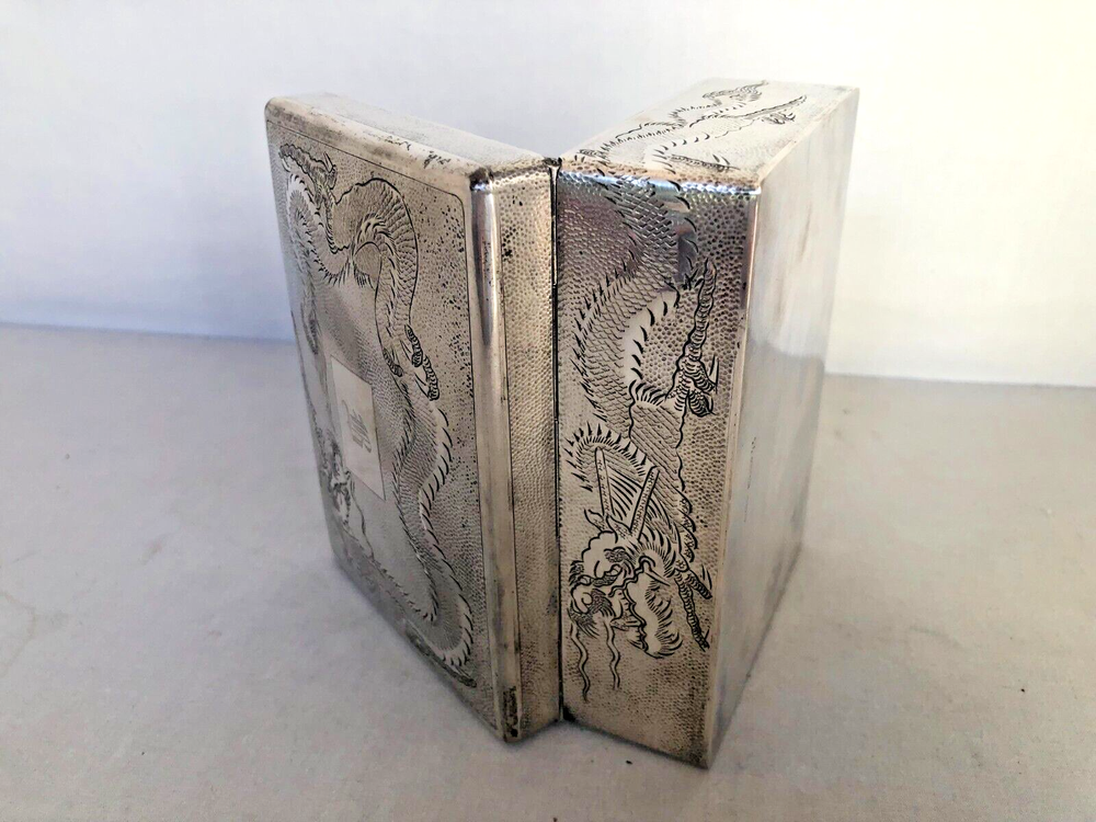 Antique Signed Chinese Sterling Silver Hand Engraved with Dragons Hinged Box.