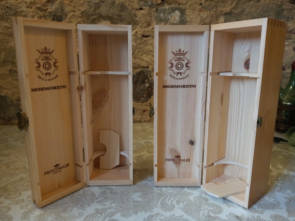 Frescobaldi Mormoreto wine 2 wooden boxes 1 bottle.