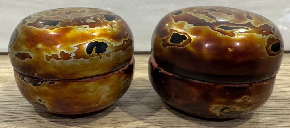 Pair Small Lacquerware Round Containers - 4cm Tall