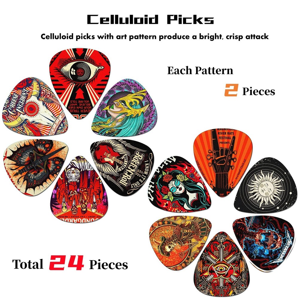Guitar Picks 24 Pack Thin, Medium, Heavy & Extra Heavy Picks with Tin Box,Var...