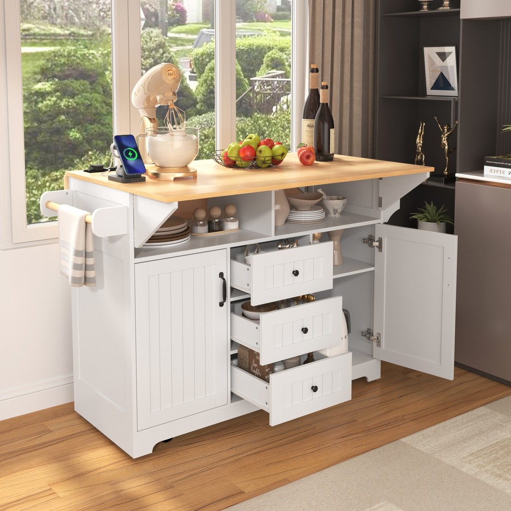 K&K 55.7'' Large Kitchen Island with 2 Drop Leaf,, Rolling Kitchen Cart on 5 W
