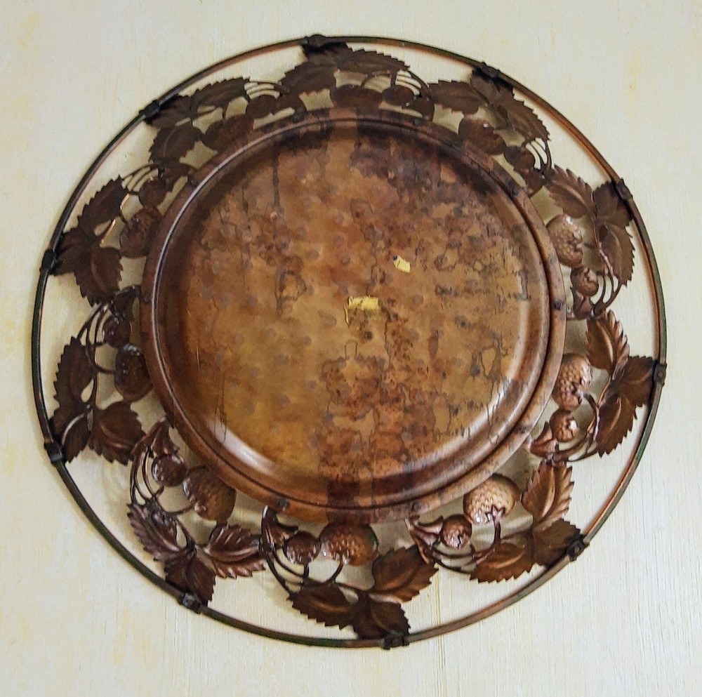 Vintage Copper Platter Bowl With Strawberry Design