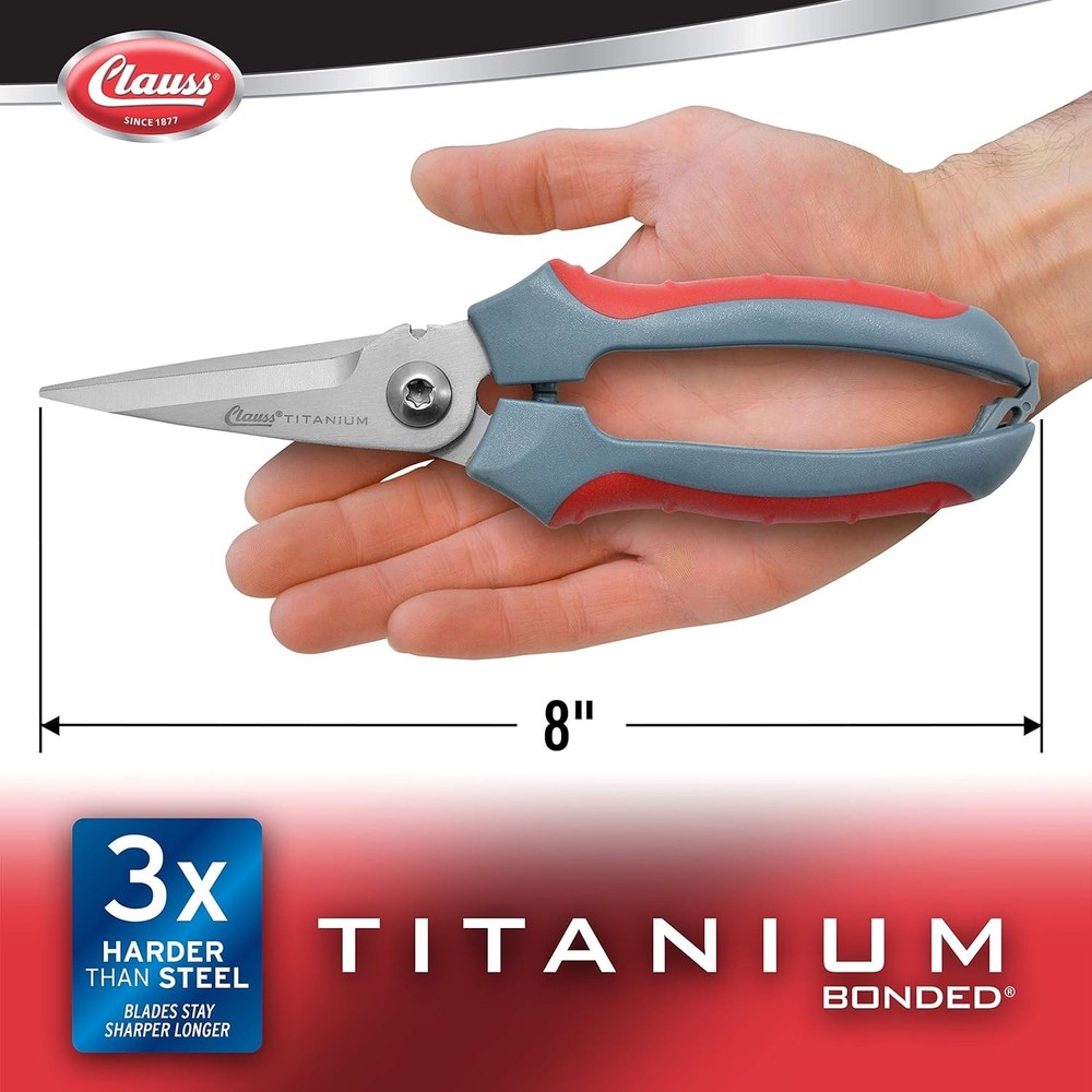 Clauss 8" Titanium Snips with Wire Cutter, Spring-Assist, 1-Pack, Grey
