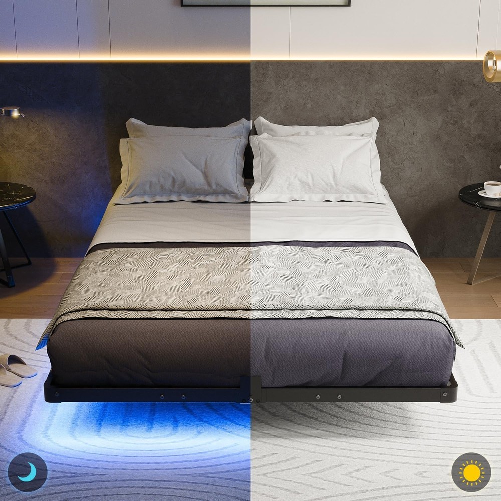 Full Size Modern Floating Bed Frame with Smart LED Lights, USB Charging Stati...