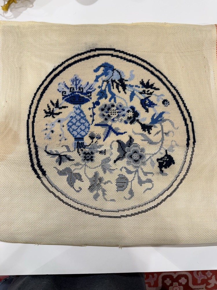 Vintage Needlepoint Tapestry Canvas - Delft Blue Floral Design - started