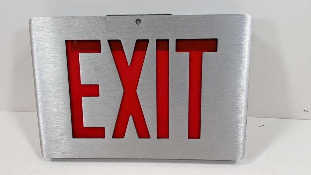 Vintage LITHONIA Double Sided RED Emergency Exit Sign Brushed Metal with Mount