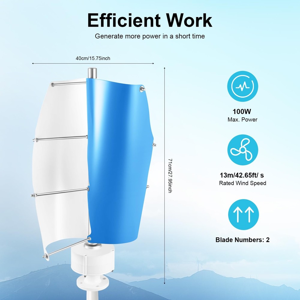 12V 100W Vertical Axis Wind Turbine with Controller 42.65ft/s White Blue