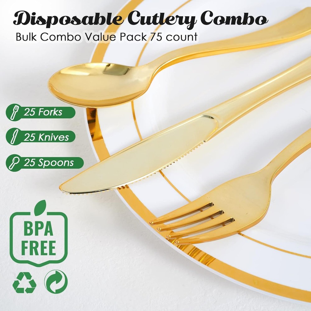 FOCUSLINE 75 Pack Gold Plastic Silverware Disposable Cutlery