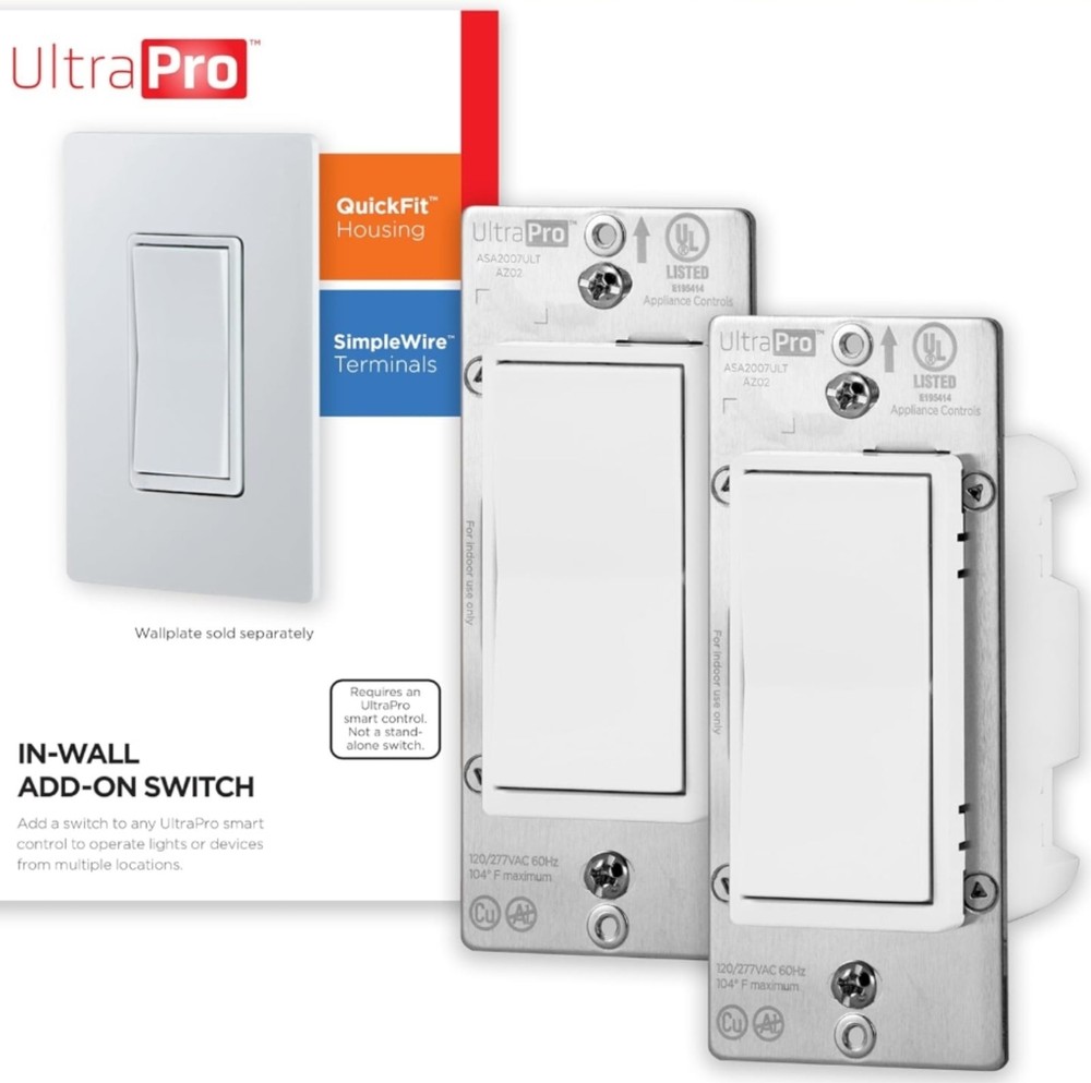 UltraPro Add-On Switch QuickFit and SimpleWire, In-Wall White Rocker (2 Pack)