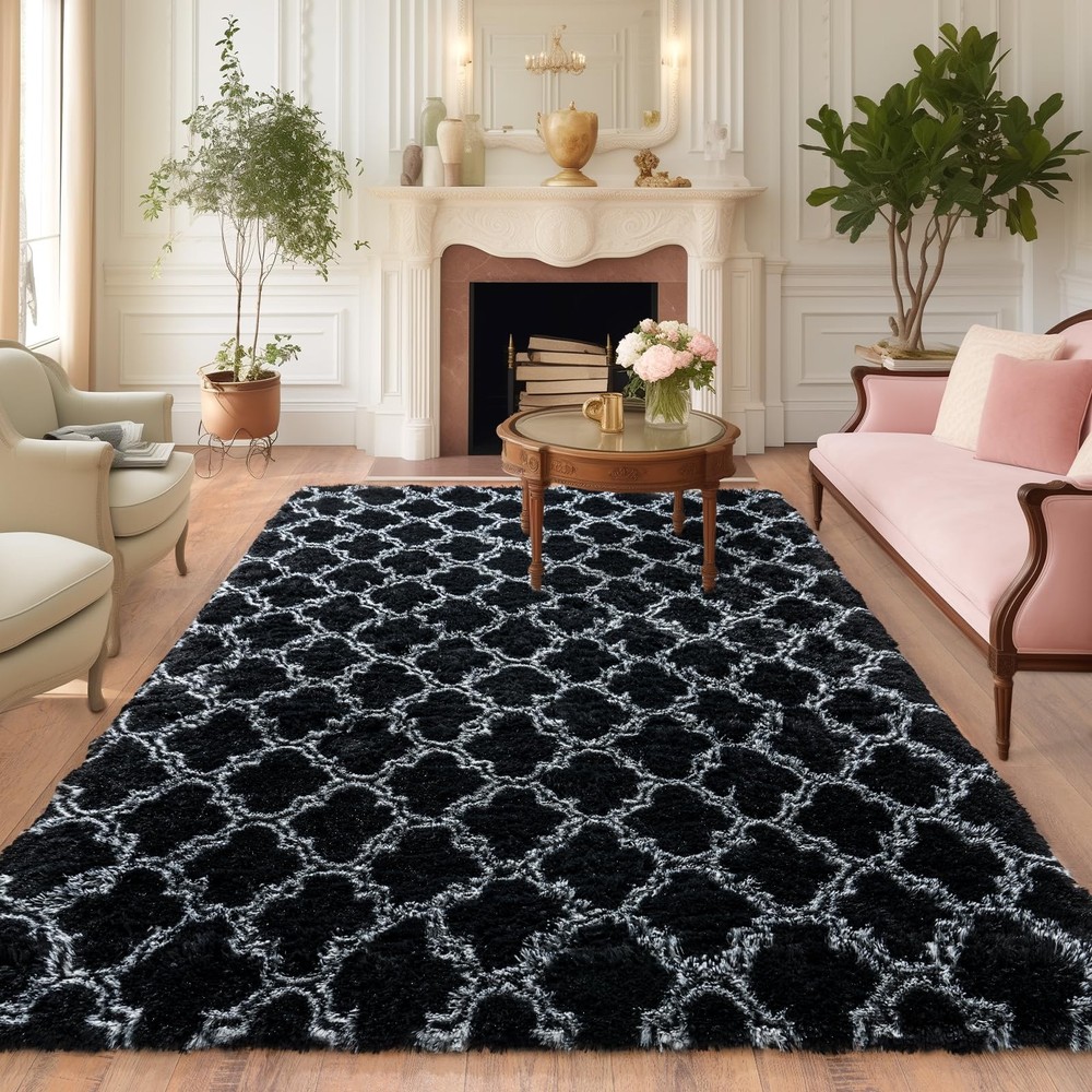 Dssimo Super Fluffy Moroccan Trellis 5x7 5' x 7' (Rectangular), Tie-dye Black