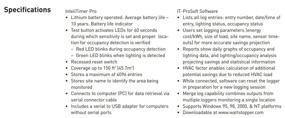 Wattstopper IT-200-PC InteliTimer Pro Occupancy Sensor and Light Logger White