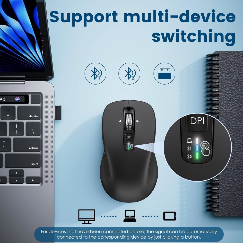 Wireless Bluetooth Mouse (USB + BT1 + BT2), Full Size Mouse, 4-Way Scrolling,...