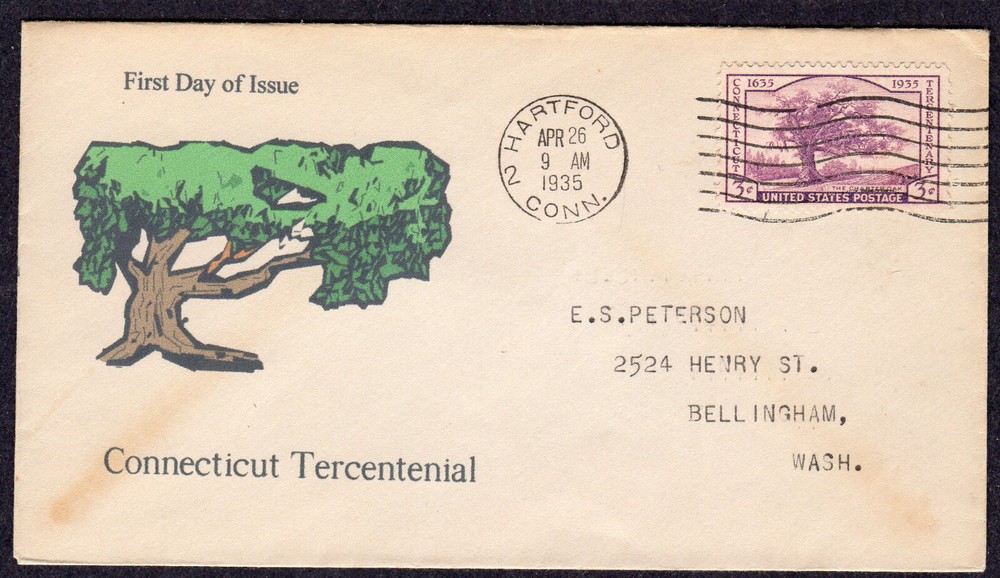 1935 Connecticut 300th (772) Unknown-Maker Add-On Cachet FDC NW30