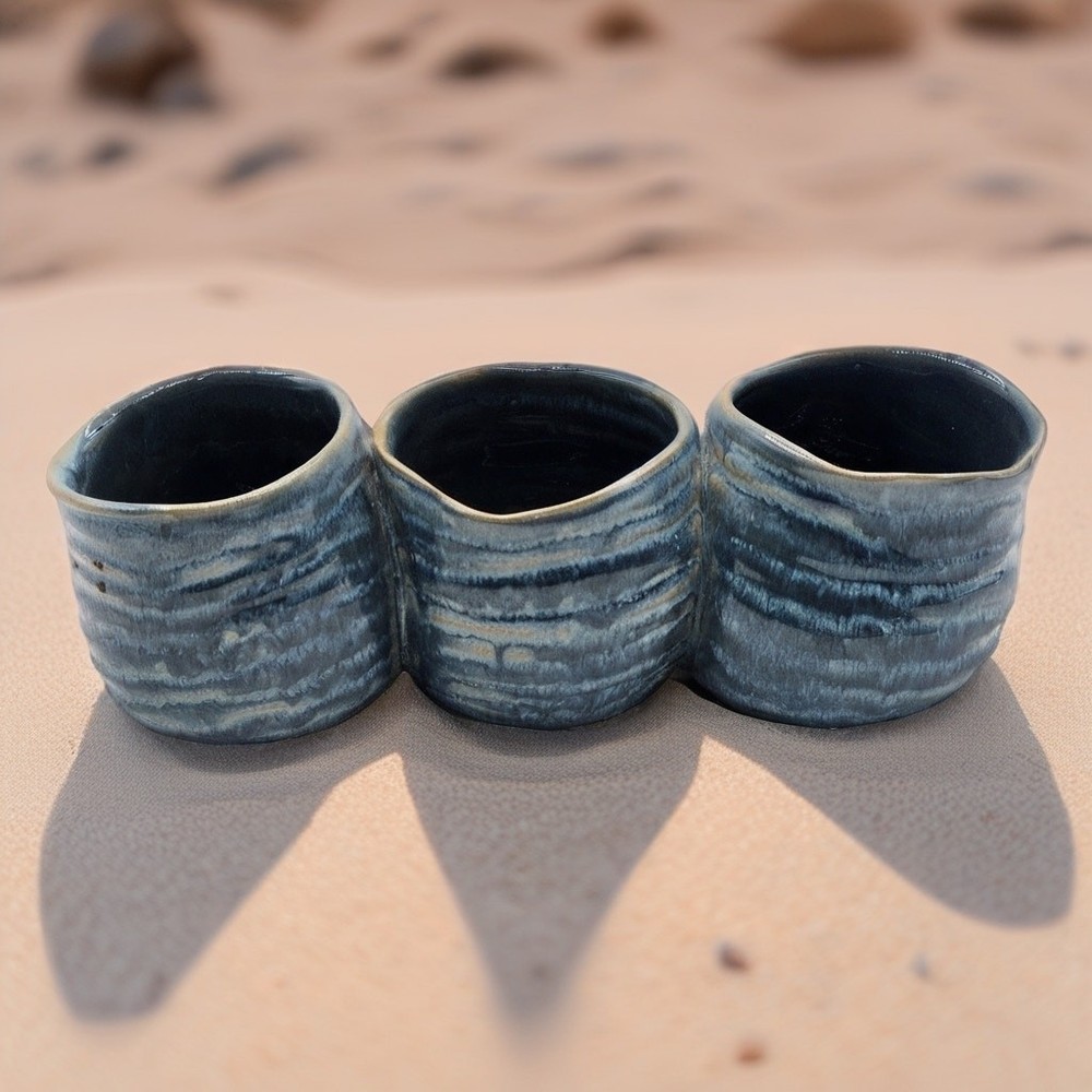 Handmade Studio Pottery Triple Cup Planter Blue Swirl Ceramic Succulent Caddy