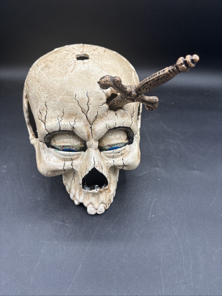 Cast Iron Mechanical Skull w/Dagger Gothic Eyes Open Close