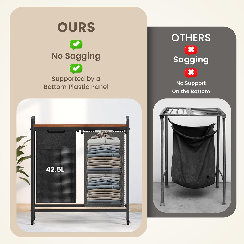 Laundry Basket with Shelf & 2 Pull-Out Removable Bags 2 × 11.2 Gal (85L)