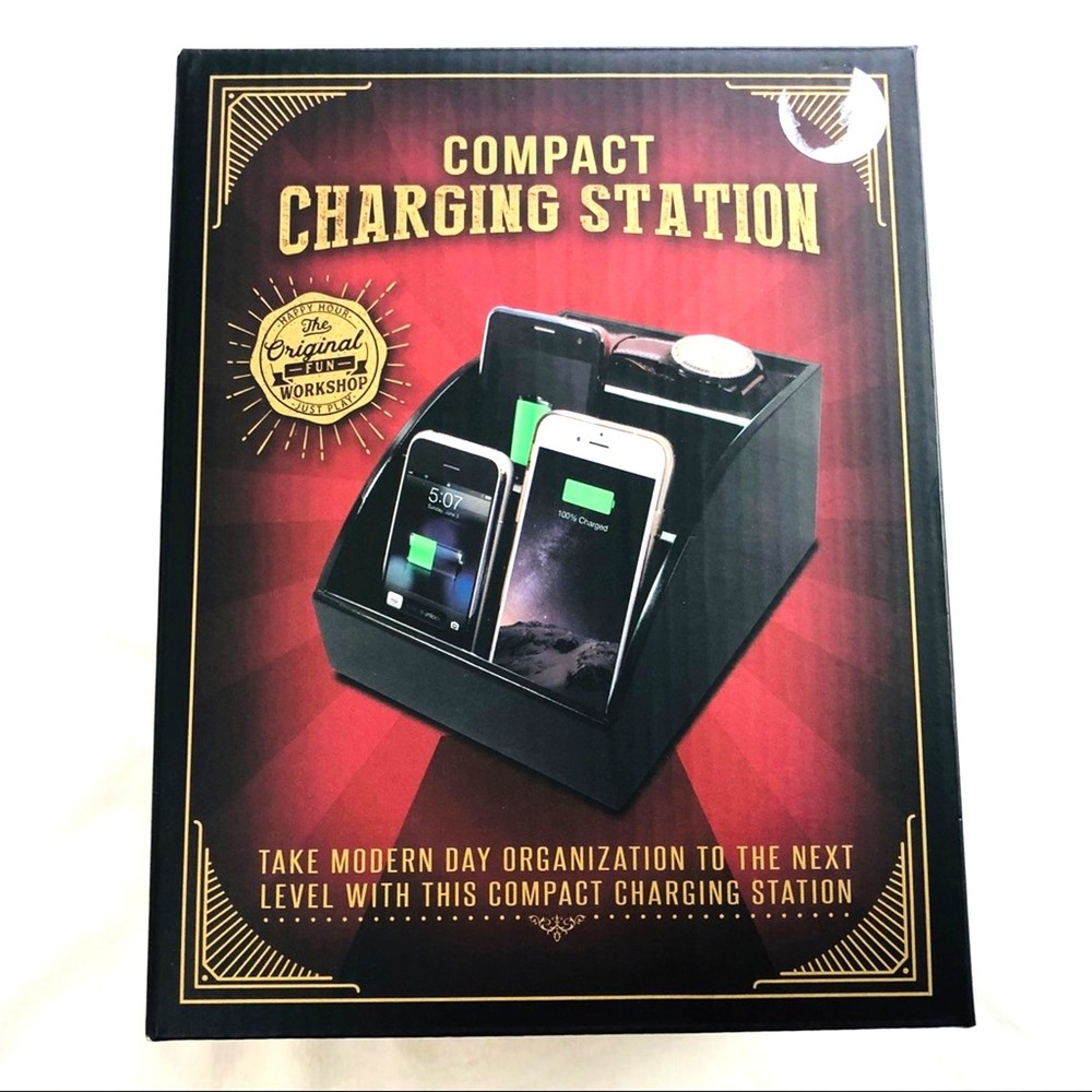 NIB Black Compact Charging Station Organize Multiple Devices HInged Back Panel