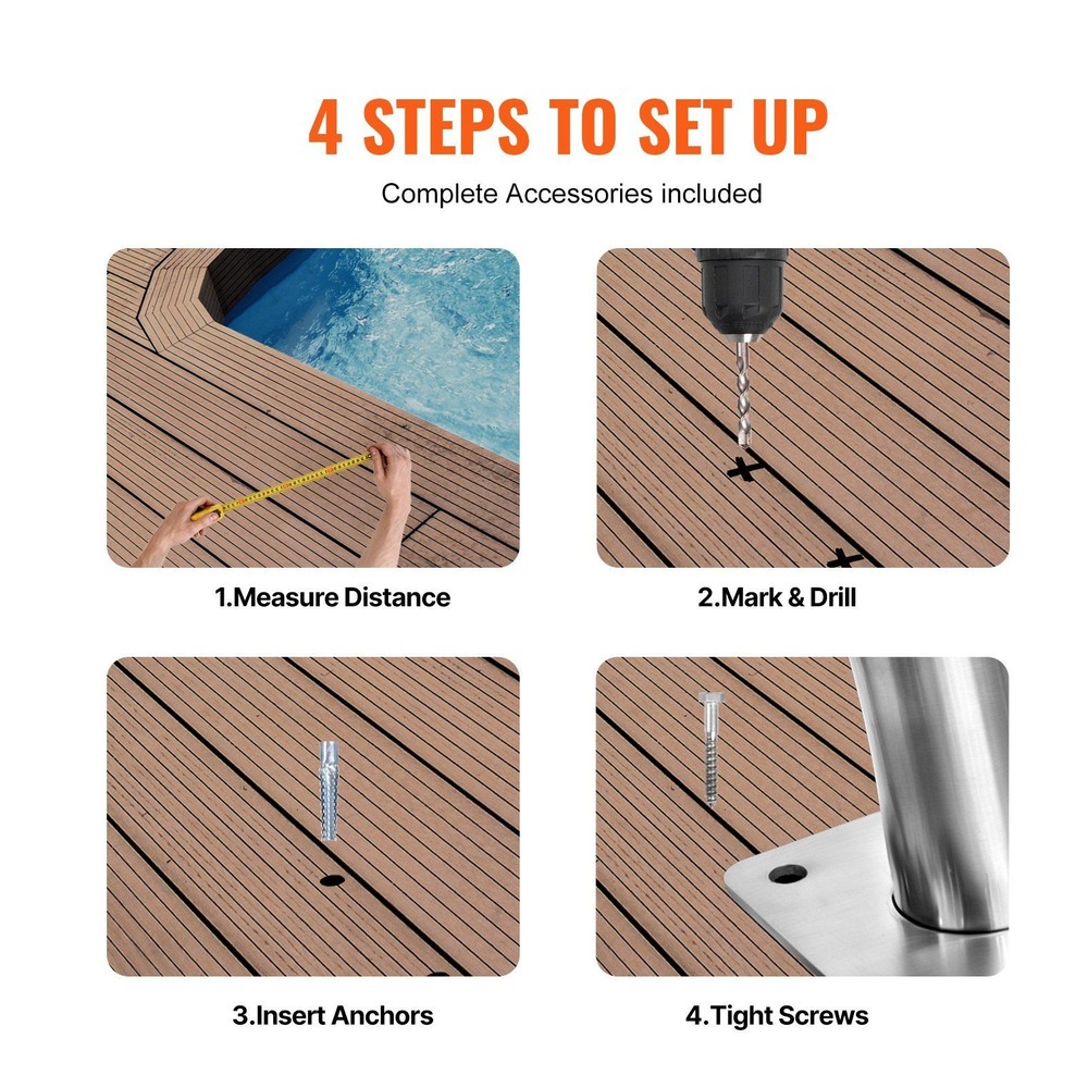 55x32in Stainless Steel Pool Handrail with Base Plate & Adjustable Support