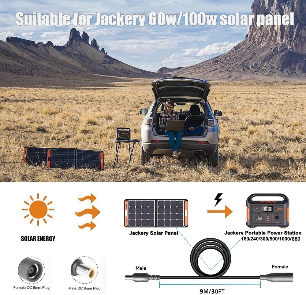 30Ft Jackery Extension Cable 14AWG 8mm Solar Panel Black