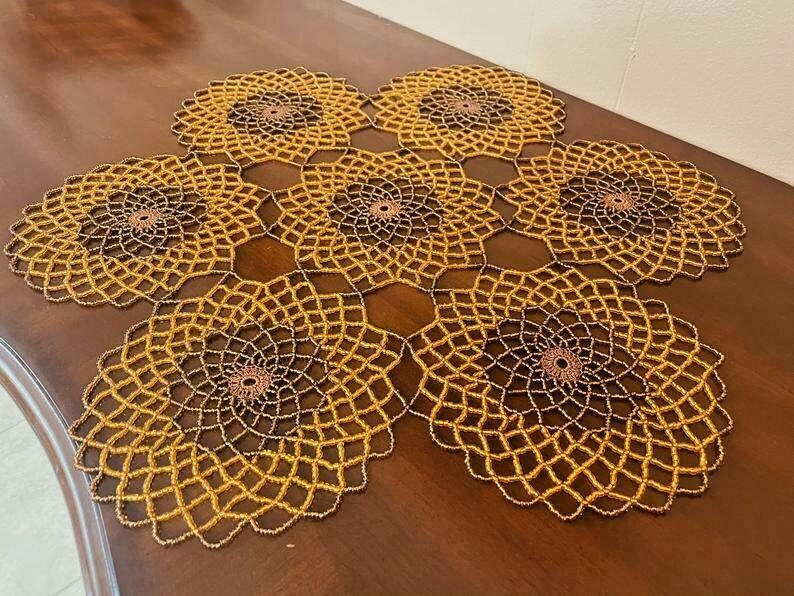 BROWN & ORANGE Handmade Crochet Beaded Doily 21”