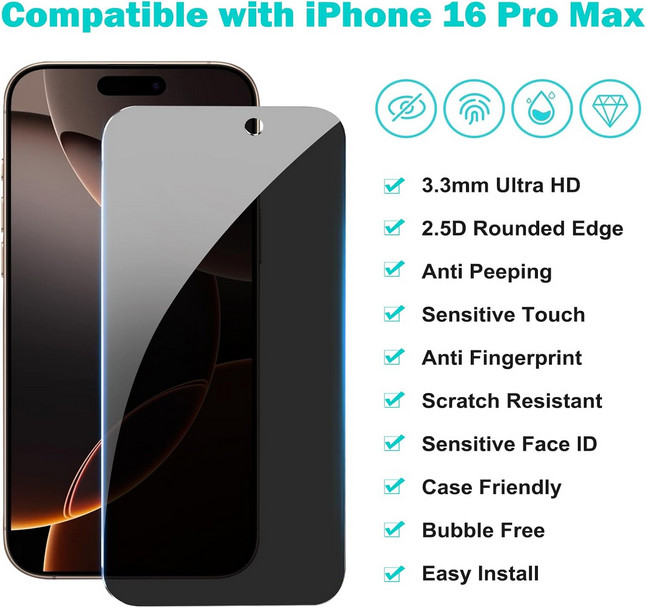Privacy Screen Protector + Camera Lens Protector Set for iPhone 16 Pro Max 3+3 P