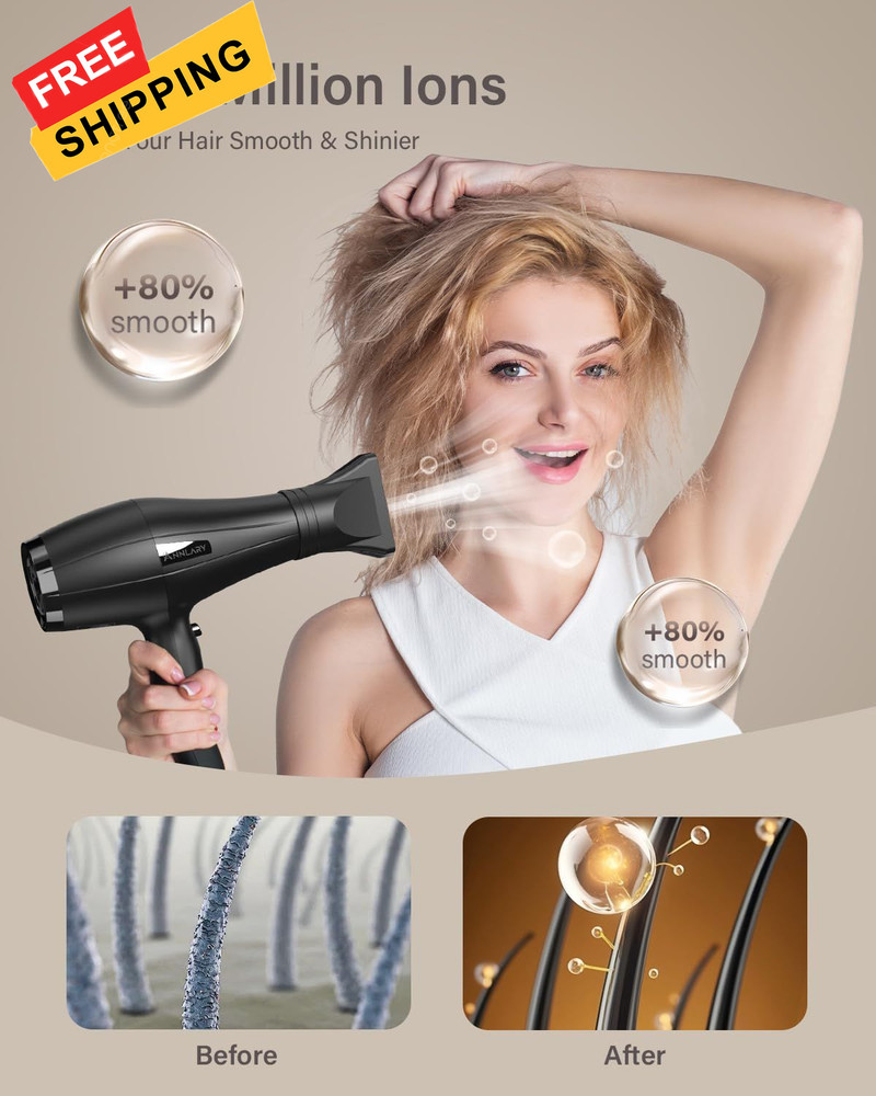 ANNLARY Ionic Hair Dryer with Diffuser, Blow Dryer, Professional 1875W Black