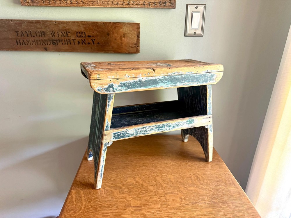 Antique Wooden Stool with Distressed Paint | Distressed Blue Primitive Stool