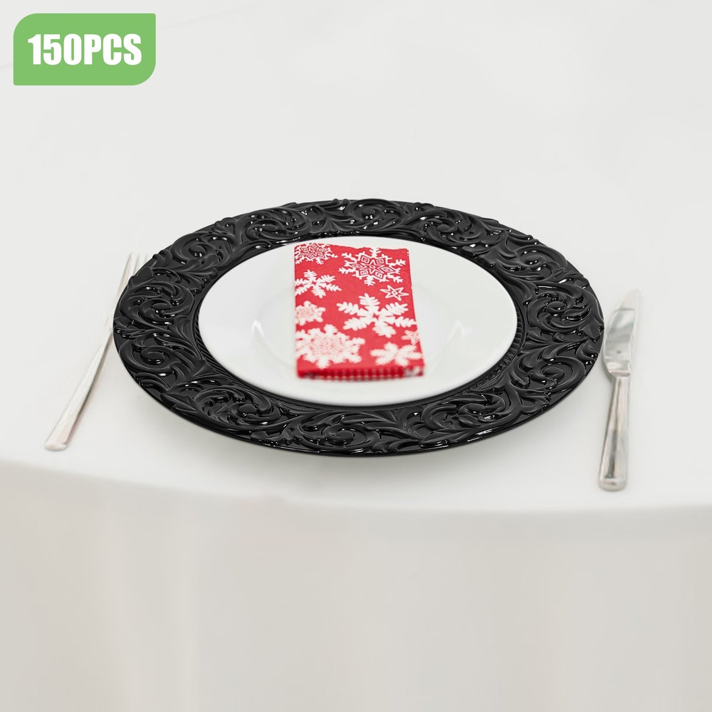 150 Black Plastic Plates Set - Disposable Dinner Plates Bulk Pack for Par