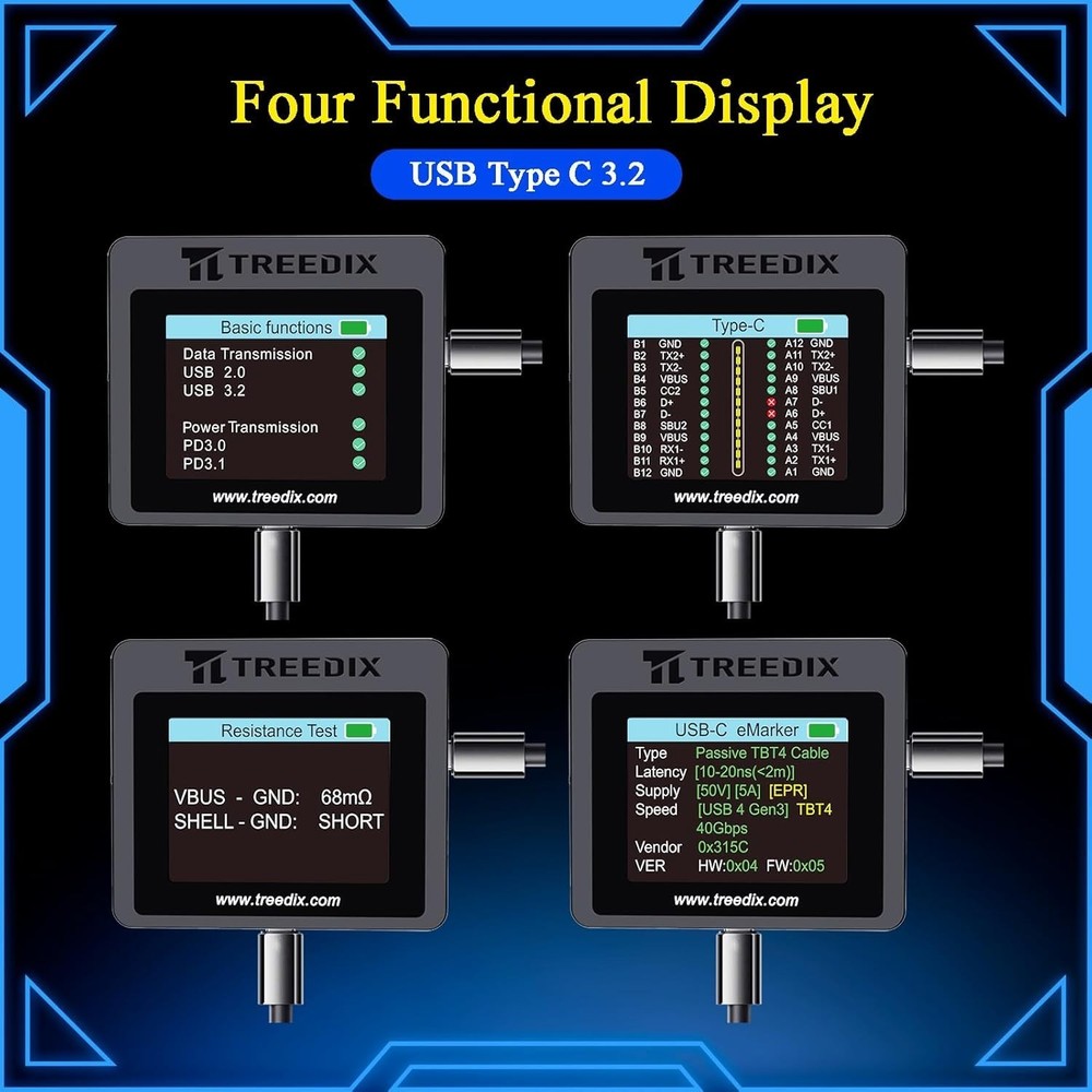 Advanced USB Cable Tester - eMarker Reading & PD Standards with Color Display