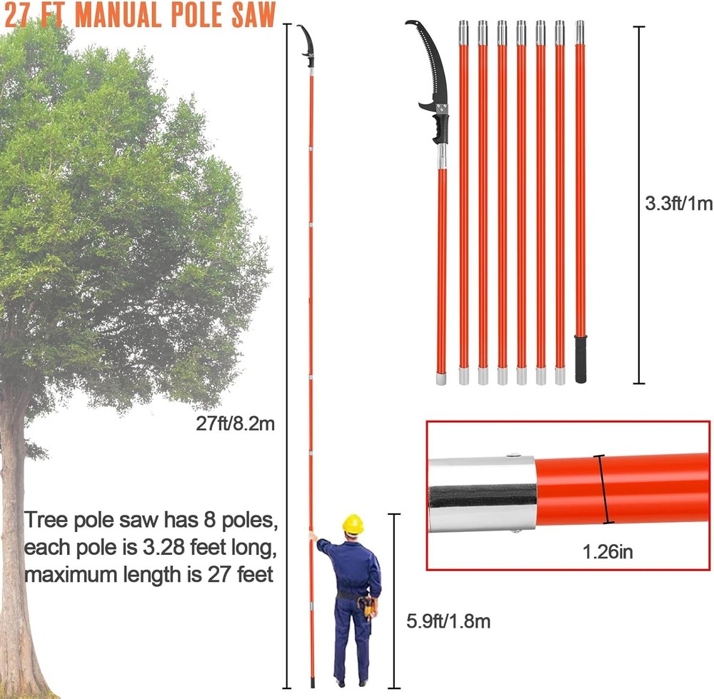 Pole Saws for Tree Trimming, 7.3-27 ft Manual Pole Saw Extendable Tree Trimmer,