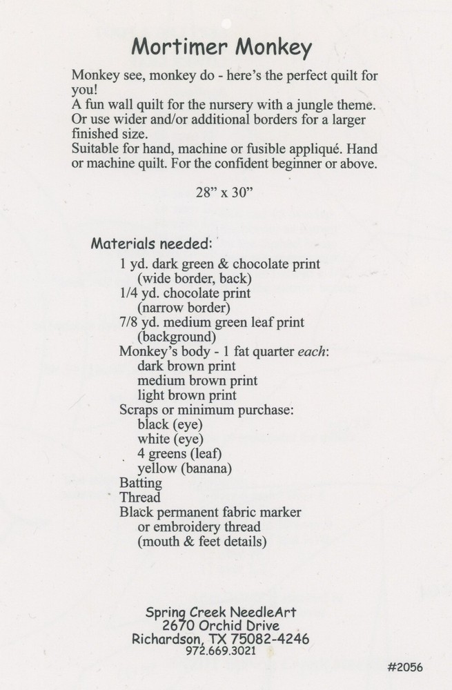 Spring Creek NeedleArt Mortimer Monkey 28" x 30" Applique Quilting Pattern