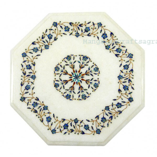 15" Marble Side Table Top semi precious stones Lapis inlay Work Handmade