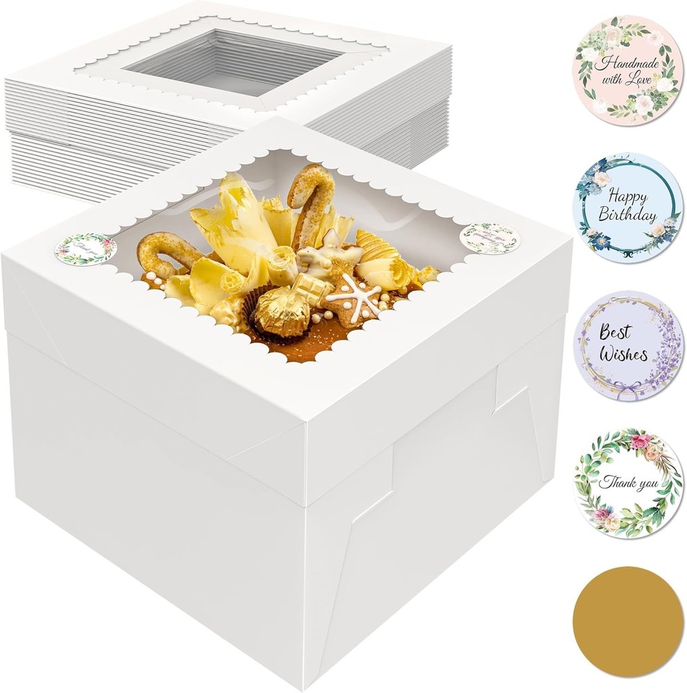 10x10x8 Inch Tall Cake Boxes with Window, White Square Cheesecake