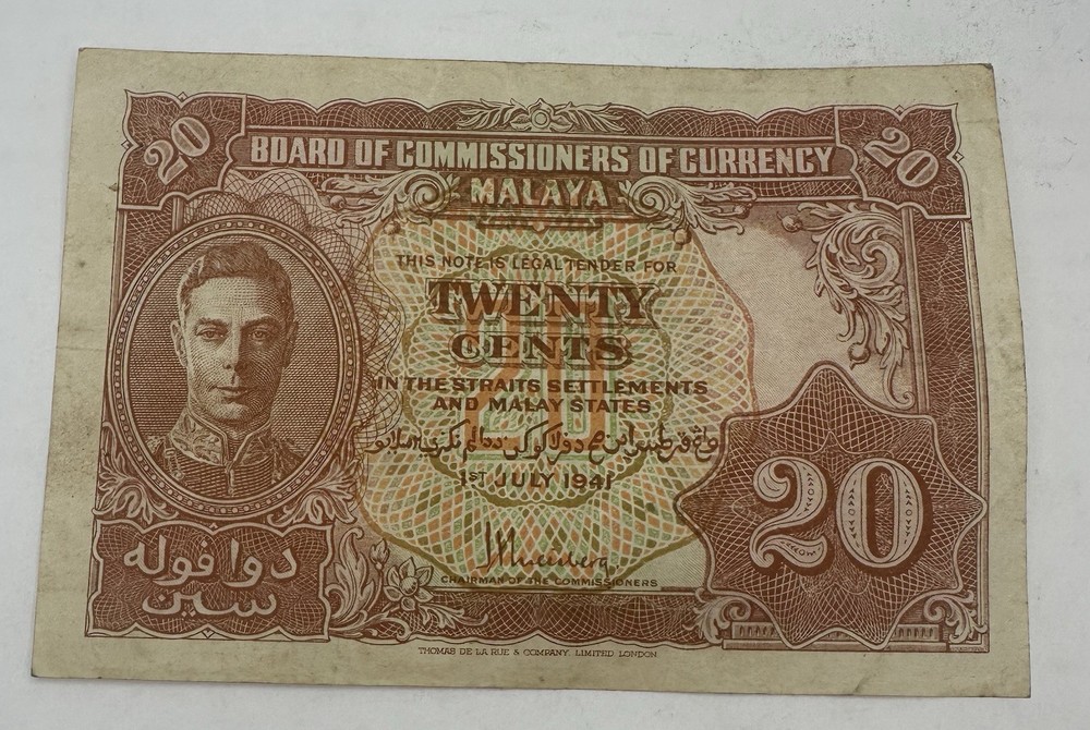 1941 MALAYA 20 CENT NOTE NICE LOOKING CURRENCY!
