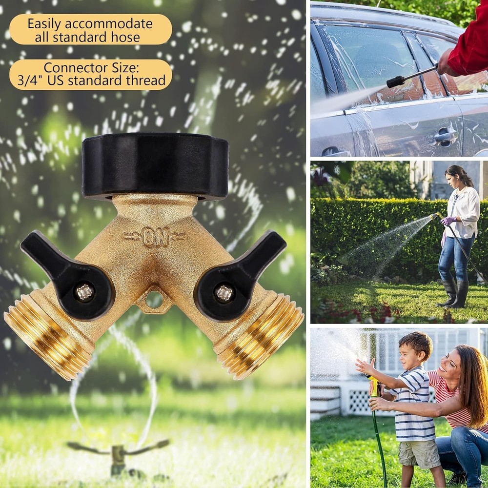 2 Way Garden Hose Splitter - Brass Construction, Leak-Proof and Durable