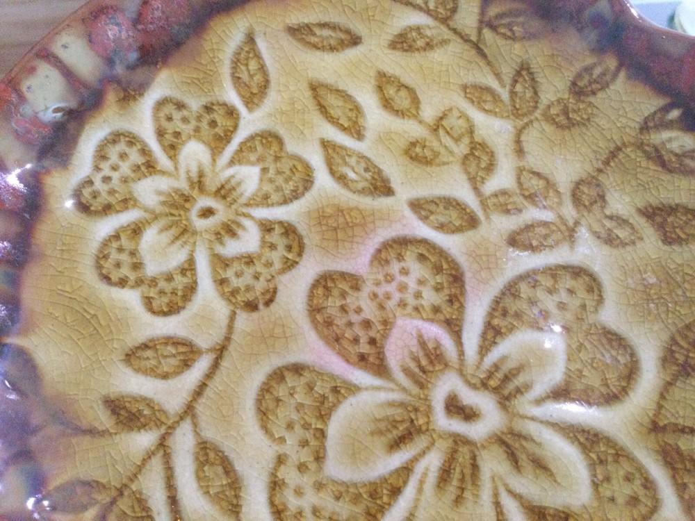 Candle Plate RUSTLIC CRACKLE GLAZE 6'' IMPRINTED FLORALS
