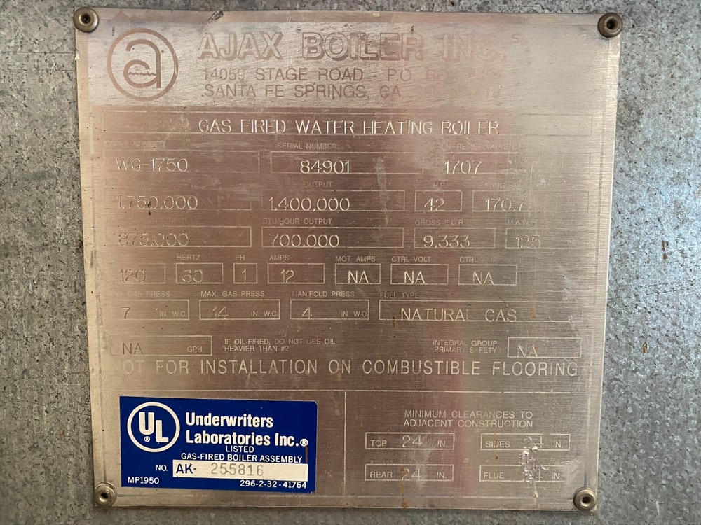 Ajax WG-1750 Natural Gas Firing Hot Water (Hydronic) Boiler