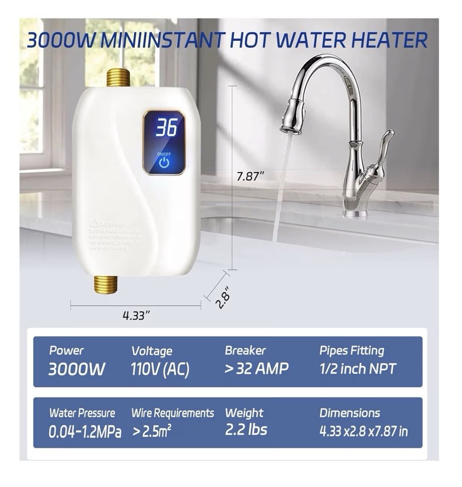 3000W Mini Instant Electric Tankless Water Heater, Digital Display, 110V, 1/2" …