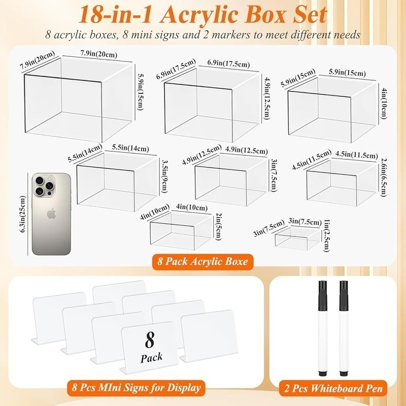 Acrylic Display Risers Set 8 Piece Clear Cube Storage Boxes Whiteboards Markers