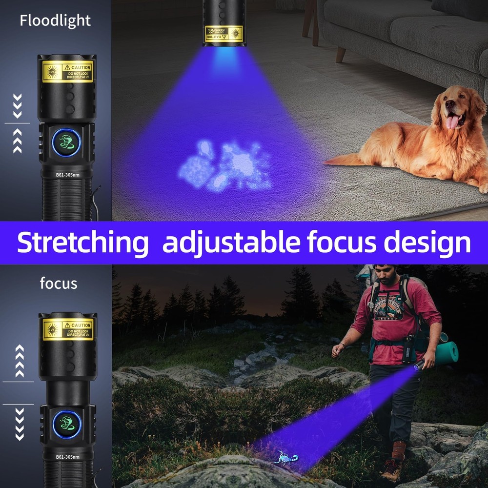 UV 365nm Flashlight Black Light LED Ultraviolet Flashlight Powerful Rechargeable