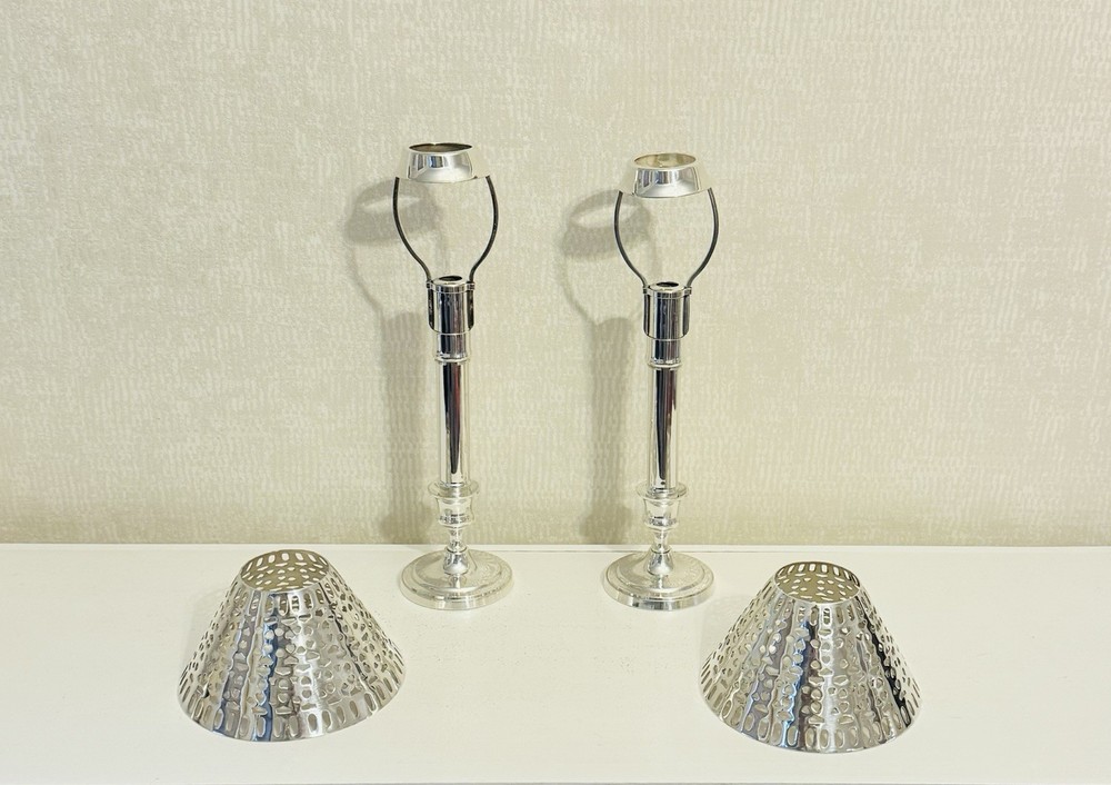 Vintage 2 Silverplate Springloaded Candlestick Holders With Silverplate Shades