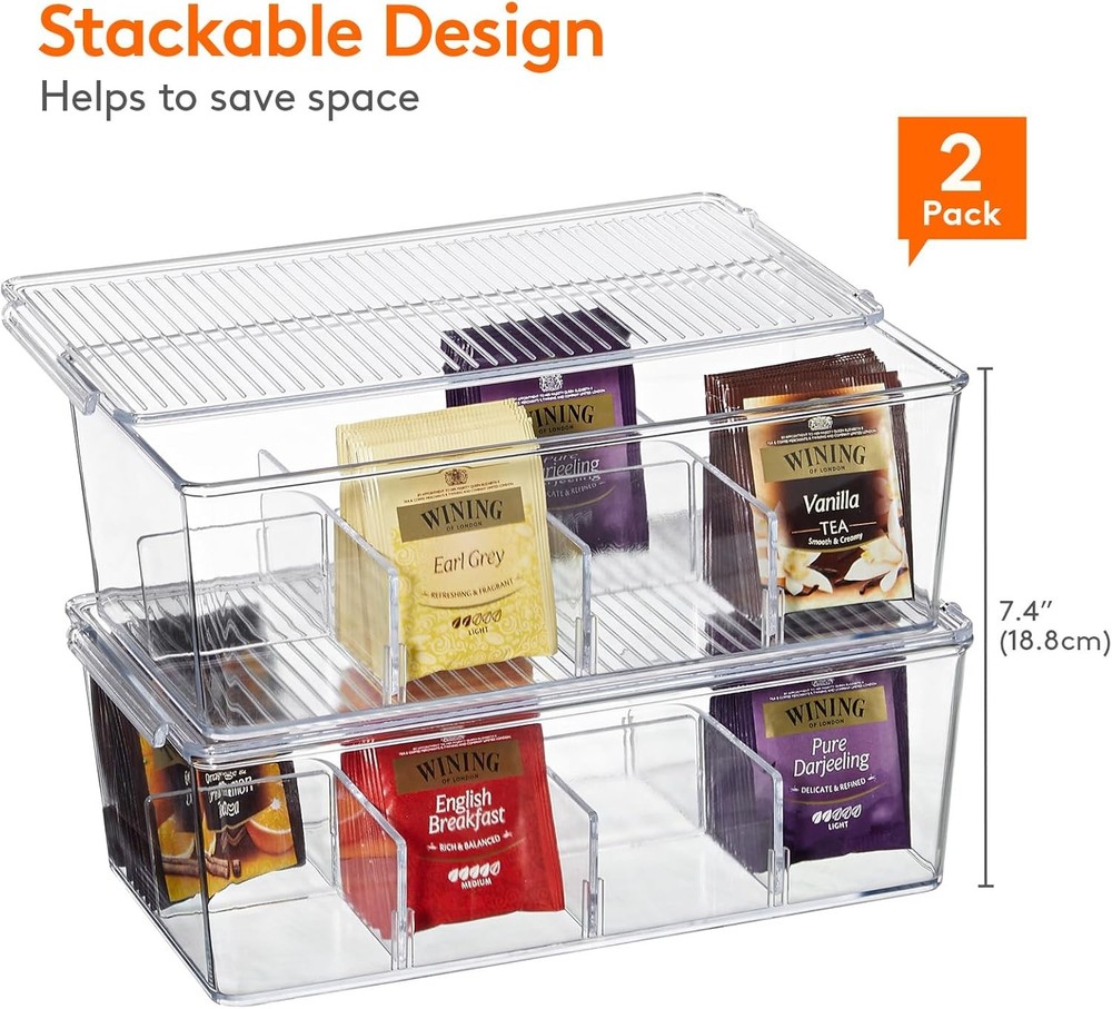 Stackable Plastic Tea Bag Organizer Box with 16 Compartments & Lids, Divided