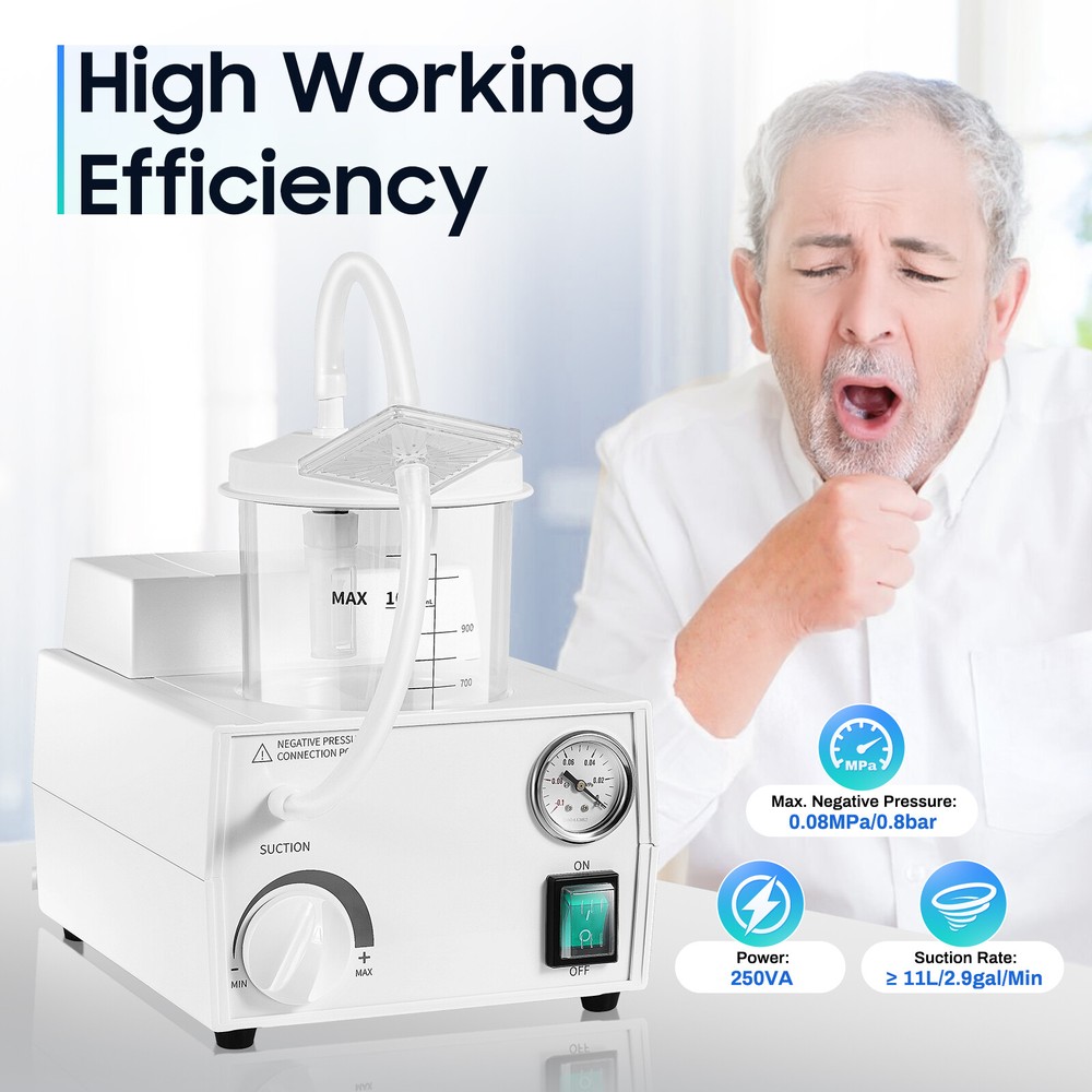 Portable suction machine with ≥11L/min flow rate, adjustable negative pressure