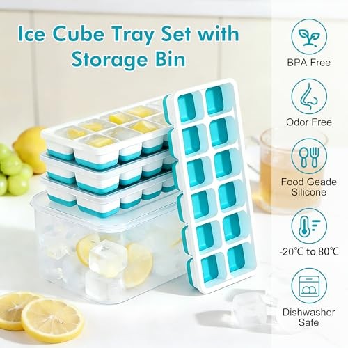 NFK Ice Cube Tray with Lid & Bin - 4 Pack 48 Cubes Stackable Silicone Blue