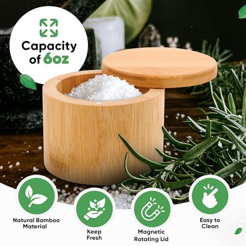 Salt Cellar, Bamboo Salt Container with Lid, Solid Salt Box Holder with 360°